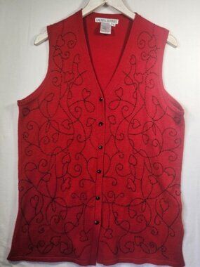 Lauren Jeffries Red Beaded Heart Scroll Knit Sweater Vest Wool Blend Medium